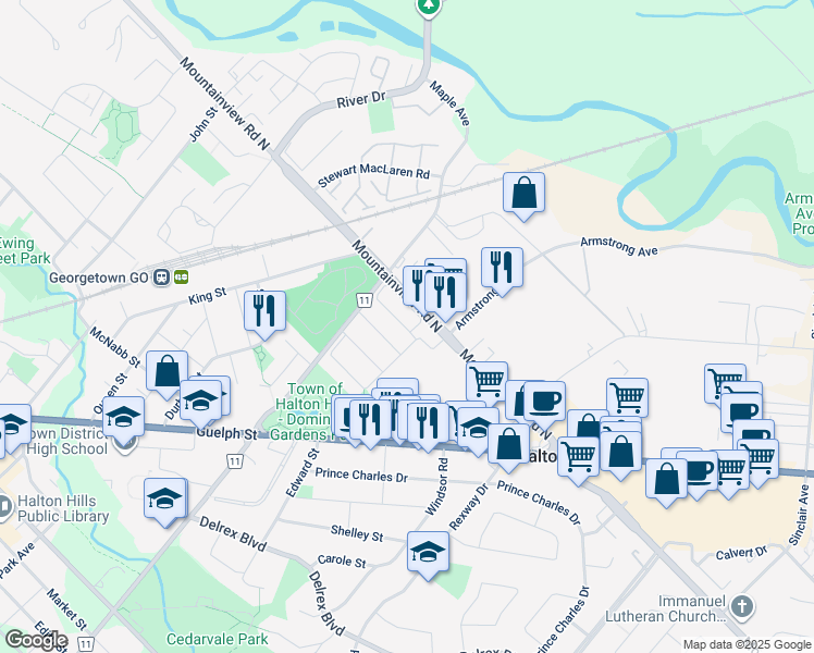 map of restaurants, bars, coffee shops, grocery stores, and more near 95 Seed House Lane in Halton Hills