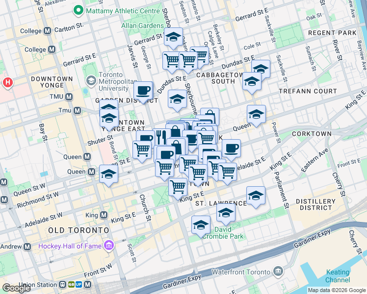 map of restaurants, bars, coffee shops, grocery stores, and more near 189 Queen Street East in Toronto