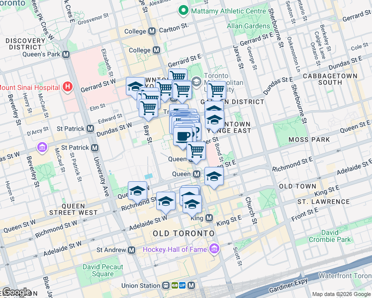 map of restaurants, bars, coffee shops, grocery stores, and more near 220 Yonge Street in Toronto