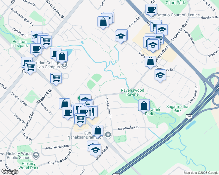 map of restaurants, bars, coffee shops, grocery stores, and more near 400 Ray Lawson Boulevard in Brampton