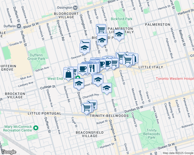map of restaurants, bars, coffee shops, grocery stores, and more near in Toronto
