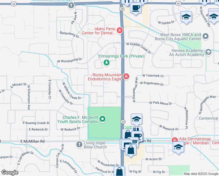 map of restaurants, bars, coffee shops, grocery stores, and more near 5416 North Forbes Avenue in Boise