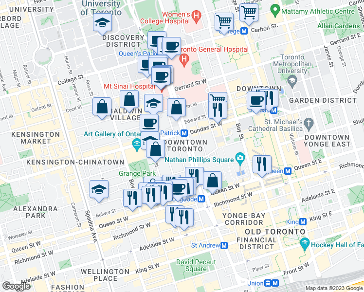 map of restaurants, bars, coffee shops, grocery stores, and more near in Toronto