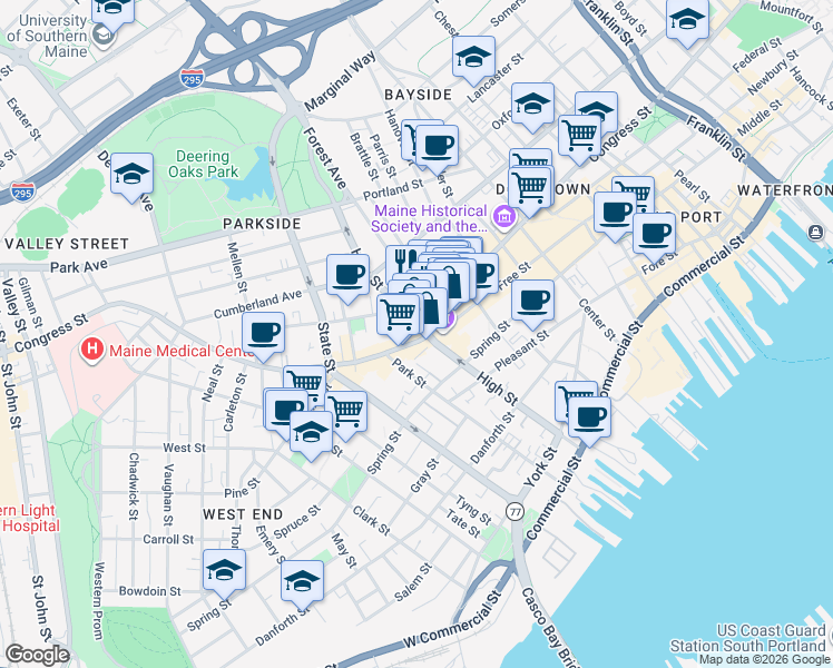 map of restaurants, bars, coffee shops, grocery stores, and more near 609 Congress Street in Portland