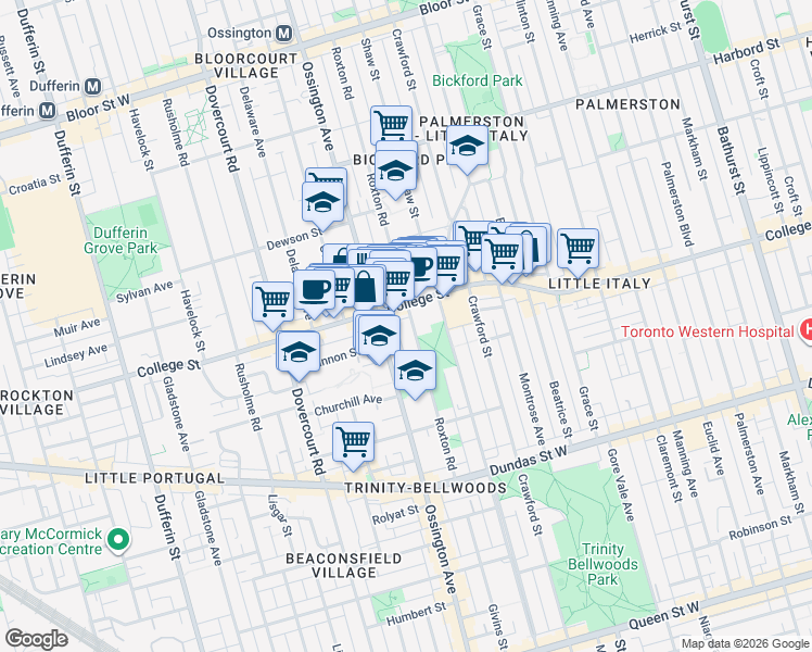 map of restaurants, bars, coffee shops, grocery stores, and more near 815 College Street in Toronto