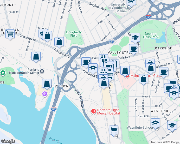 map of restaurants, bars, coffee shops, grocery stores, and more near 15 Cherry Street in Portland
