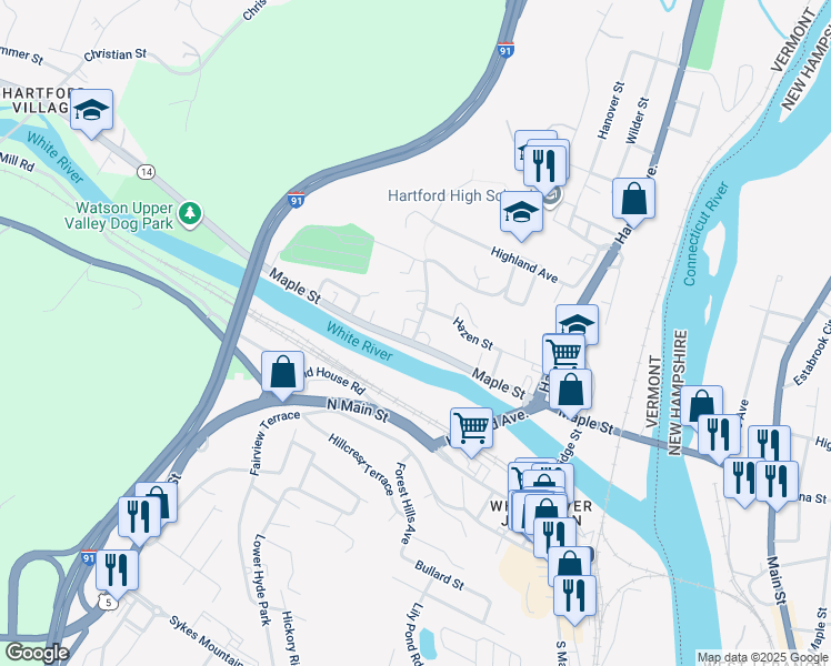 map of restaurants, bars, coffee shops, grocery stores, and more near 46 Cascadnac Avenue in Hartford