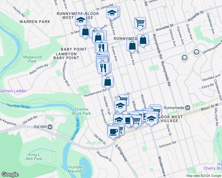 map of restaurants, bars, coffee shops, grocery stores, and more near in Toronto