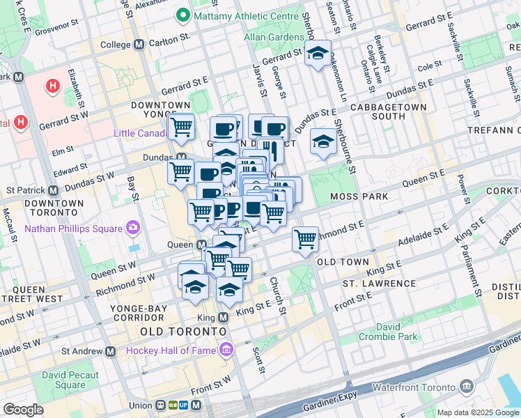 map of restaurants, bars, coffee shops, grocery stores, and more near 20 Dalhousie Street in Toronto