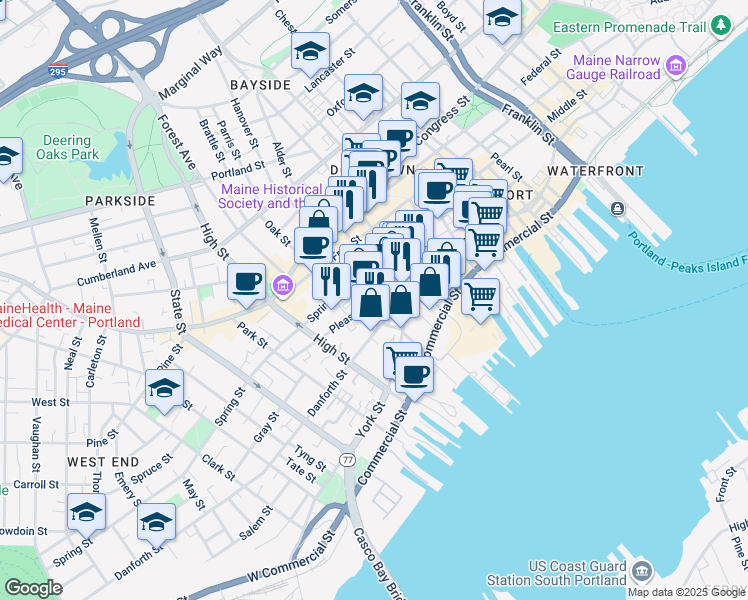 map of restaurants, bars, coffee shops, grocery stores, and more near 51 Pleasant Street in Portland