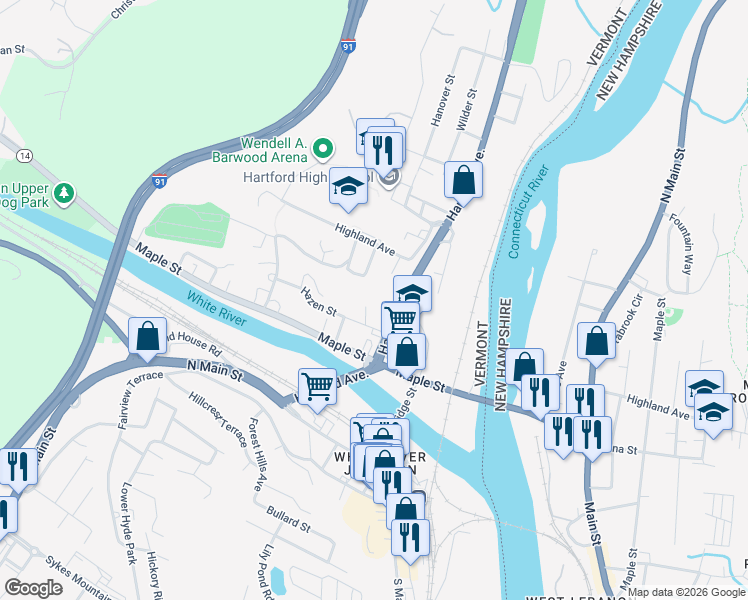 map of restaurants, bars, coffee shops, grocery stores, and more near 45 Crystal Place in Hartford