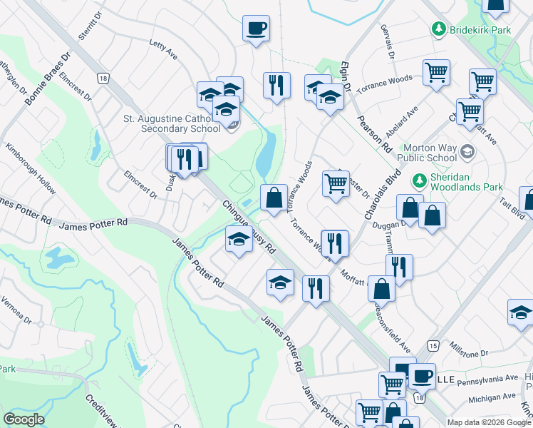 map of restaurants, bars, coffee shops, grocery stores, and more near 128 Cutters Crescent in Brampton