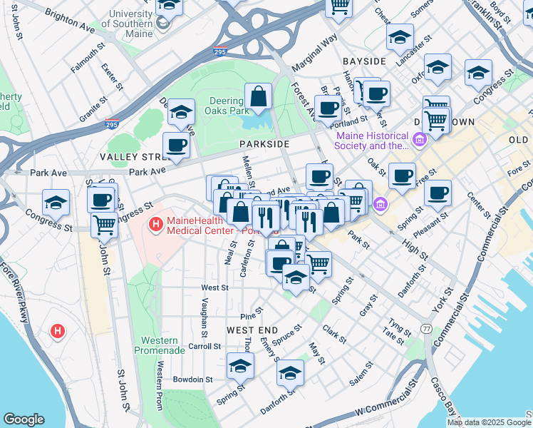 map of restaurants, bars, coffee shops, grocery stores, and more near 70 Deering Street in Portland