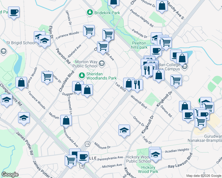 map of restaurants, bars, coffee shops, grocery stores, and more near 1 Hudson Drive in Brampton