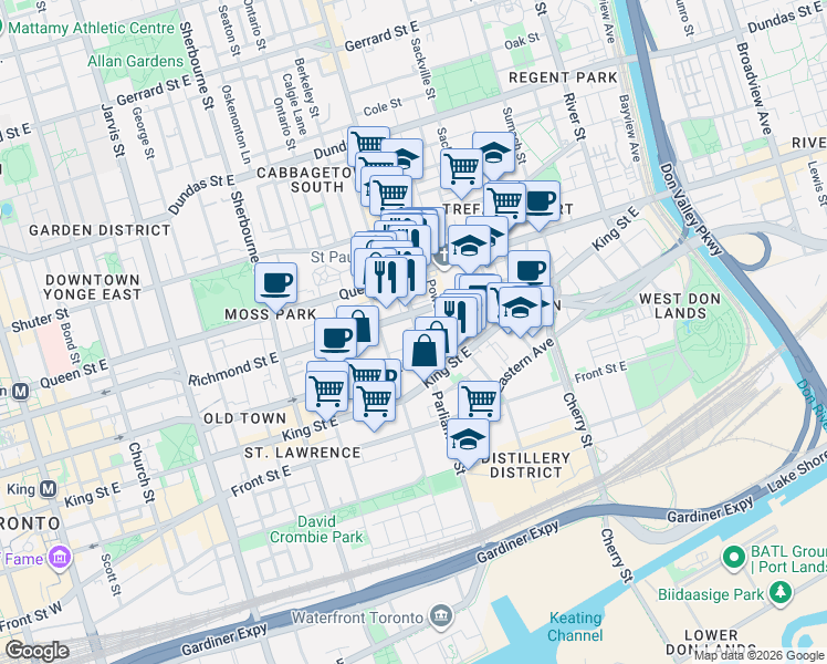 map of restaurants, bars, coffee shops, grocery stores, and more near 120 Parliament Street in Toronto