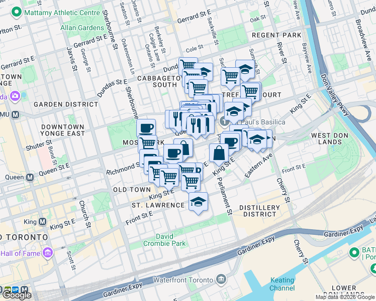 map of restaurants, bars, coffee shops, grocery stores, and more near 467 Richmond Street East in Toronto