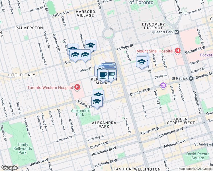 map of restaurants, bars, coffee shops, grocery stores, and more near 38 Kensington Place in Toronto