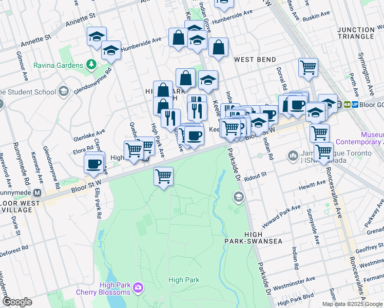 map of restaurants, bars, coffee shops, grocery stores, and more near 1830 Bloor Street West in Toronto