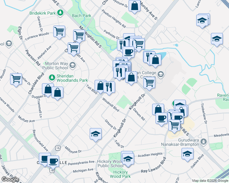 map of restaurants, bars, coffee shops, grocery stores, and more near 30 Daffodil Place in Brampton