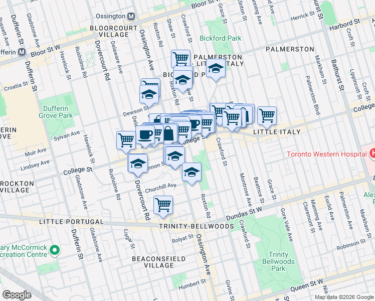 map of restaurants, bars, coffee shops, grocery stores, and more near 204 Roxton Road in Toronto