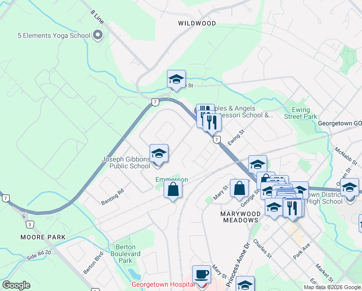map of restaurants, bars, coffee shops, grocery stores, and more near 23 Moore Park Crescent in Halton Hills
