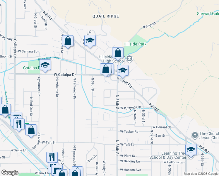 map of restaurants, bars, coffee shops, grocery stores, and more near 3791 Woody Drive in Boise