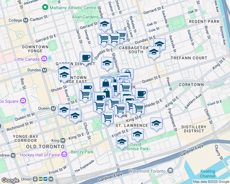 map of restaurants, bars, coffee shops, grocery stores, and more near in Toronto