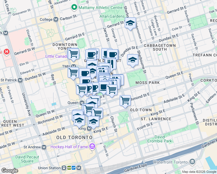 map of restaurants, bars, coffee shops, grocery stores, and more near 25 Dalhousie Street in Toronto