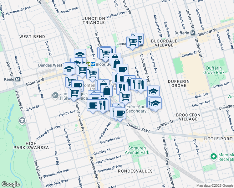 map of restaurants, bars, coffee shops, grocery stores, and more near 158 Sterling Road in Toronto