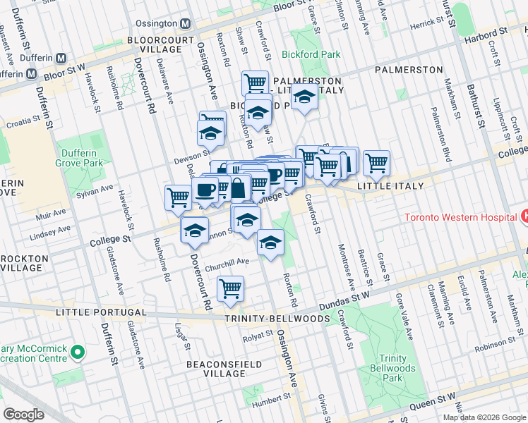 map of restaurants, bars, coffee shops, grocery stores, and more near in Toronto