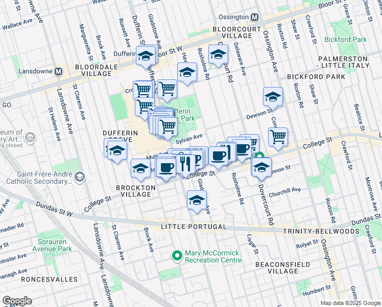 map of restaurants, bars, coffee shops, grocery stores, and more near 26 Lindsey Avenue in Toronto