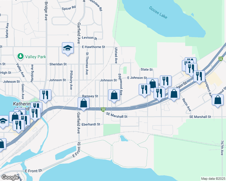 map of restaurants, bars, coffee shops, grocery stores, and more near 514 Ulstad Avenue in Albert Lea