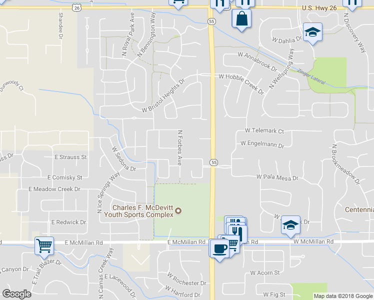 map of restaurants, bars, coffee shops, grocery stores, and more near 5424 North Forbes Avenue in Boise