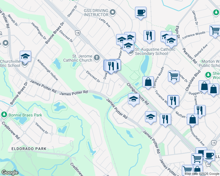 map of restaurants, bars, coffee shops, grocery stores, and more near 17 Dusk Drive in Brampton