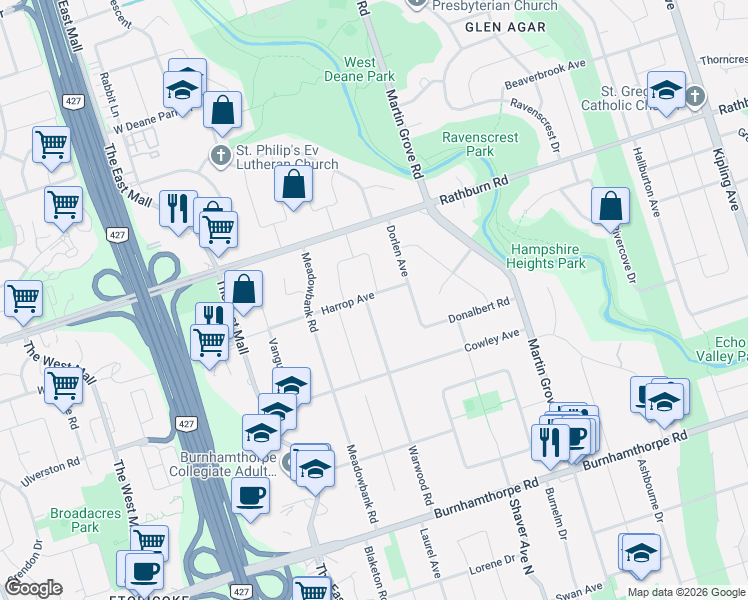 map of restaurants, bars, coffee shops, grocery stores, and more near 117 Warwood Road in Toronto