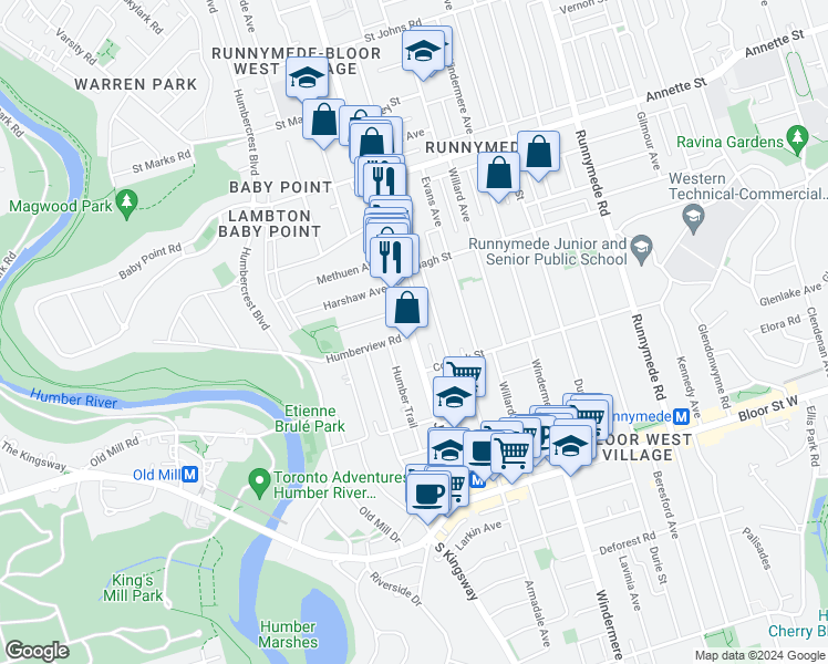map of restaurants, bars, coffee shops, grocery stores, and more near 185 Jane Street in Toronto