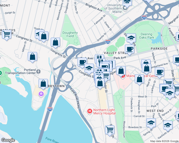 map of restaurants, bars, coffee shops, grocery stores, and more near 15 Cherry Street in Portland