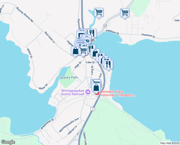 map of restaurants, bars, coffee shops, grocery stores, and more near 20 Lang Street in Meredith