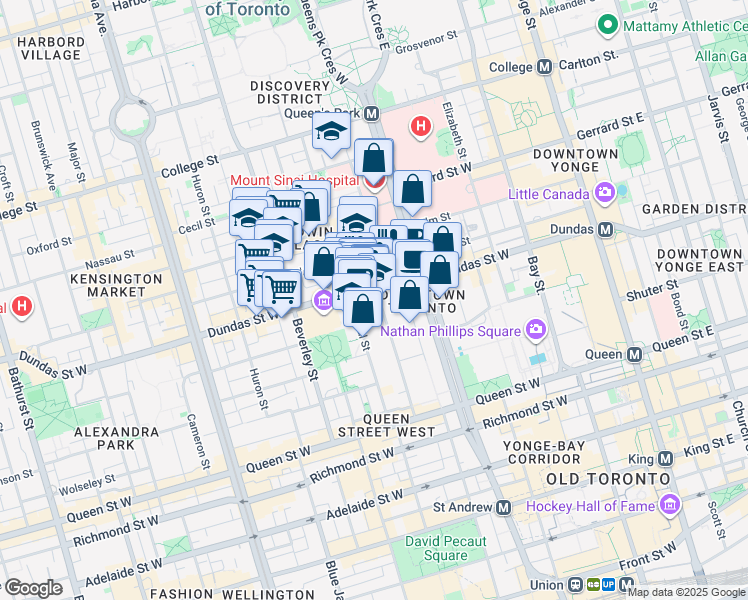 map of restaurants, bars, coffee shops, grocery stores, and more near 250 Dundas Street West in Toronto