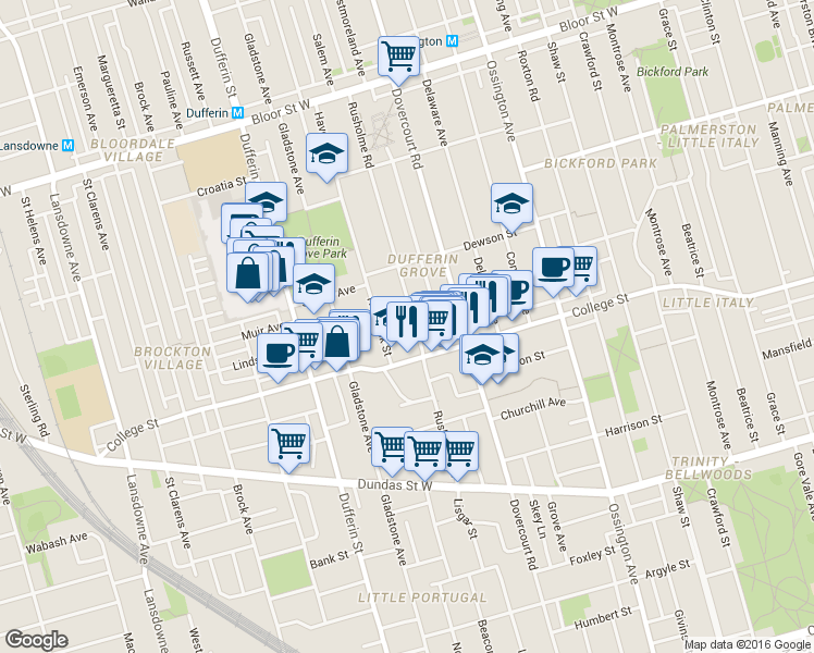 map of restaurants, bars, coffee shops, grocery stores, and more near in Toronto