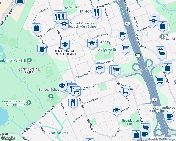 map of restaurants, bars, coffee shops, grocery stores, and more near 18 Torrington Drive in Toronto