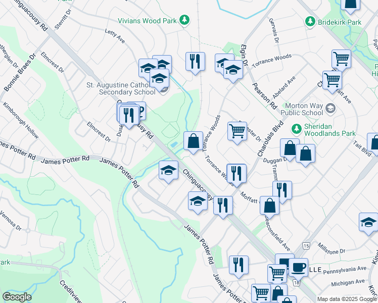 map of restaurants, bars, coffee shops, grocery stores, and more near 130 Cutters Crescent in Brampton