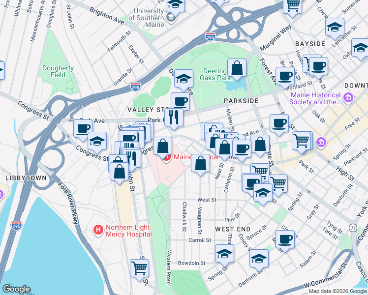 map of restaurants, bars, coffee shops, grocery stores, and more near 19 Ellsworth Street in Portland
