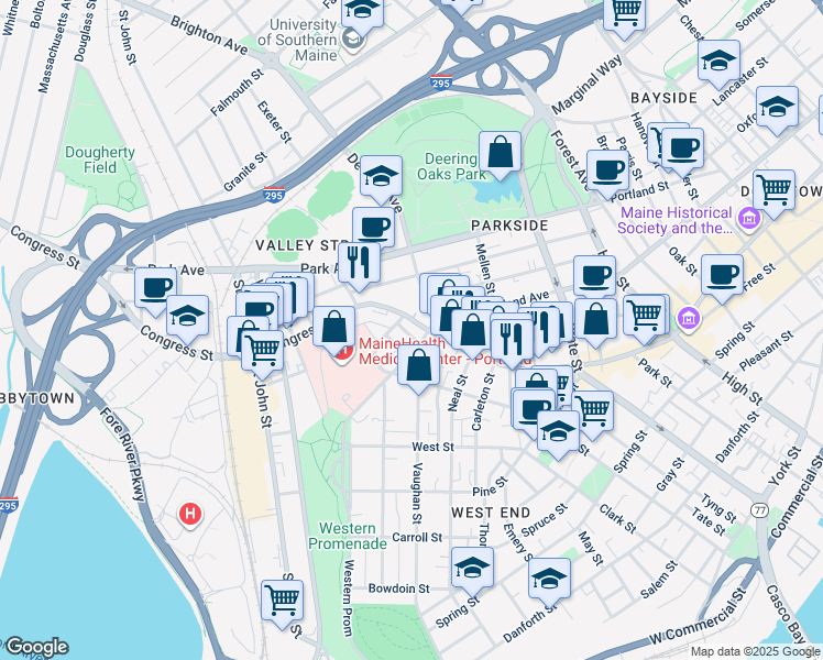 map of restaurants, bars, coffee shops, grocery stores, and more near 812 Congress Street in Portland