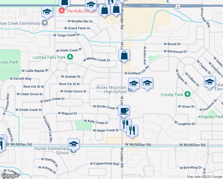 map of restaurants, bars, coffee shops, grocery stores, and more near 5459 North Landon Creek Place in Meridian