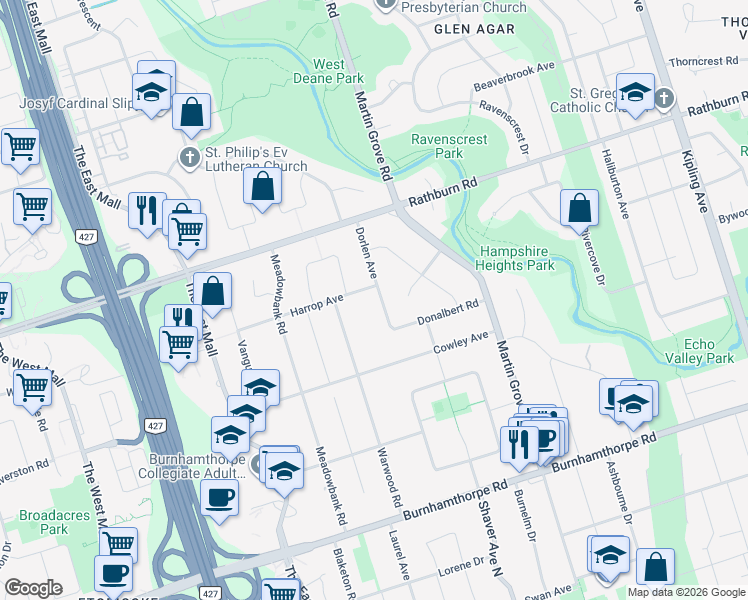 map of restaurants, bars, coffee shops, grocery stores, and more near 16 Dorlen Avenue in Toronto