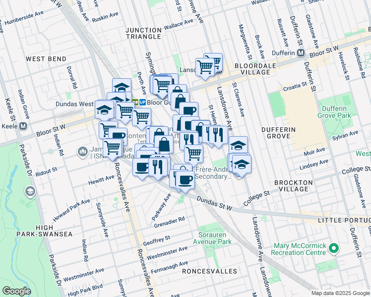 map of restaurants, bars, coffee shops, grocery stores, and more near 158 Sterling Road in Toronto