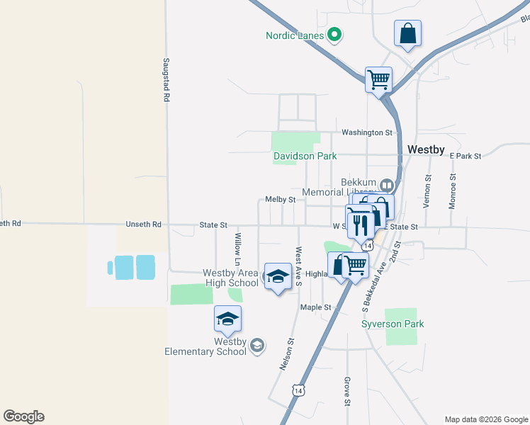 map of restaurants, bars, coffee shops, grocery stores, and more near 503 Melby Street in Westby