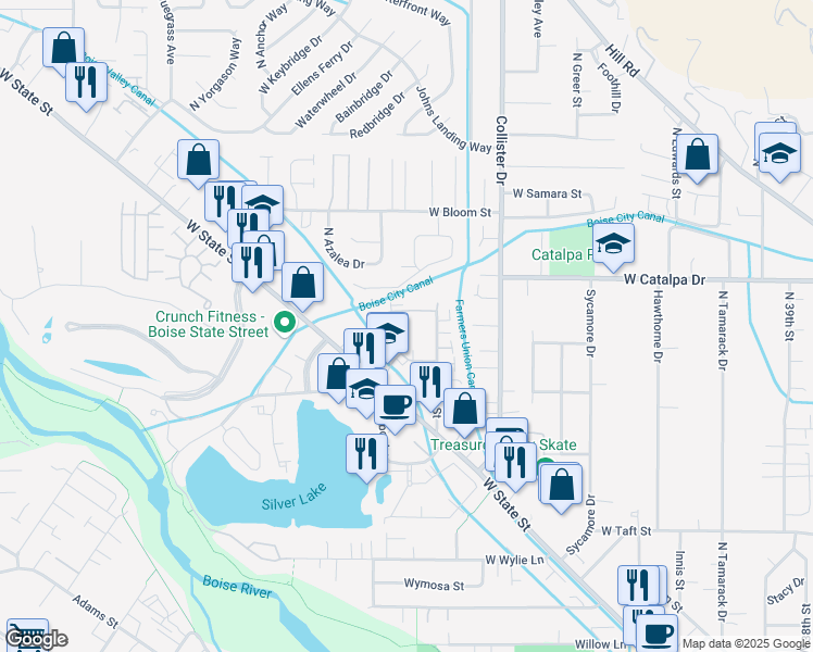 map of restaurants, bars, coffee shops, grocery stores, and more near 5122 West Stoker Lane in Boise