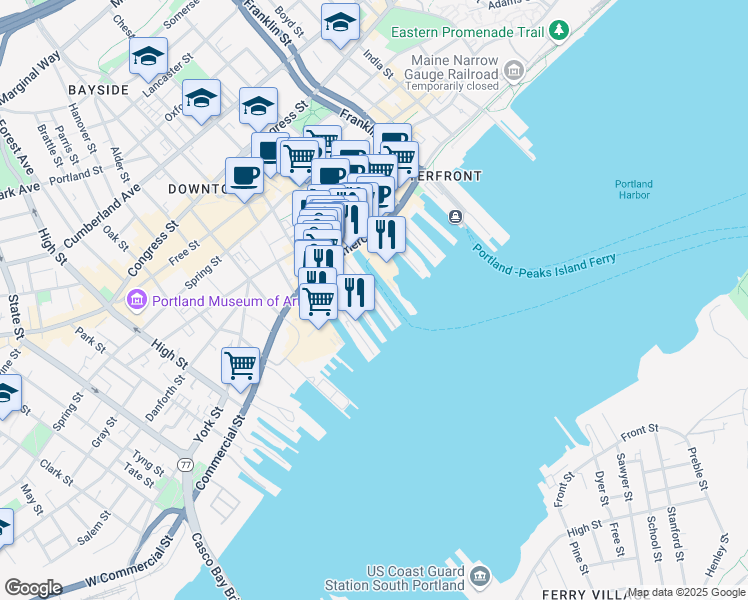 map of restaurants, bars, coffee shops, grocery stores, and more near 309 Chandlers Wharf in Portland